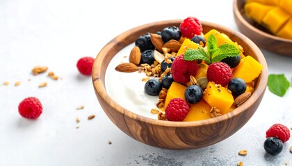 Bowl of yogurt topped with fruits, nuts, and seeds, presented on a neutral surface with scattered granola