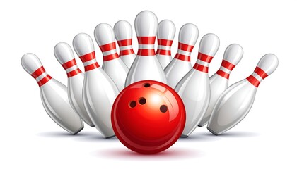Bowling pins stand ready, with a red bowling ball poised to strike. Pins are white with red stripes