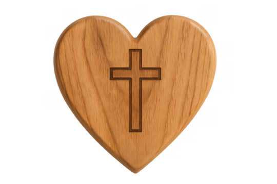 Wooden heart with carved christian cross symbolizing faith, love, and devotion, on transparent background