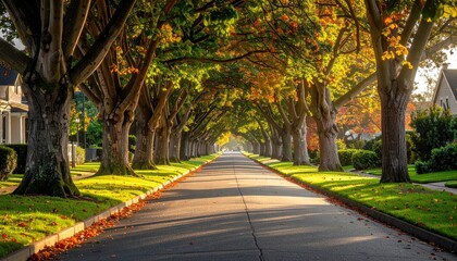 Tree Lined Avenue During Autumn With Warm Sunlight And Colorful Leaves Casting Shadows On Pavement