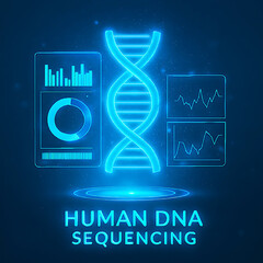 Human DNA sequencing process with futuristic blue light hologram and digital elements