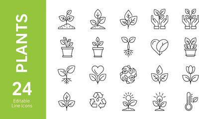 Set of thin line icons for plants, gardening, and ecology. Editable vector symbols for growth and conservation concepts 48