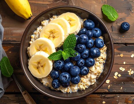 A healthy breakfast bowl of oatmeal with sliced banana, blueberries, and a mint garnish - Powered by Adobe