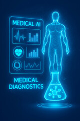 Medical AI interface showing body scan data in transparent 3D hologram display.