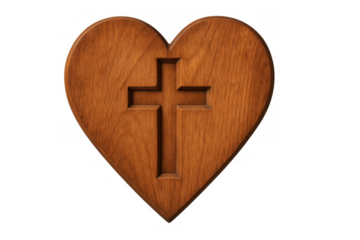 Wooden heart with carved christian cross symbolizing faith, love, and spirituality on a transparent background