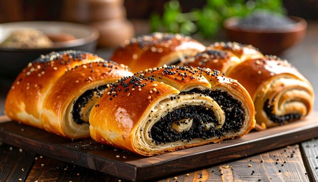 Close-up of golden-brown poppy seed swirl bread loaf sliced on wooden board, with bowls of ingredients behind