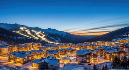 Stunning winter resort at dusk with illuminated ski slopes and snowy mountains