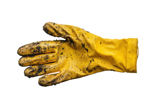 Dirty yellow work glove isolated on transparent background. Dirty yellow glove isolated on white background.