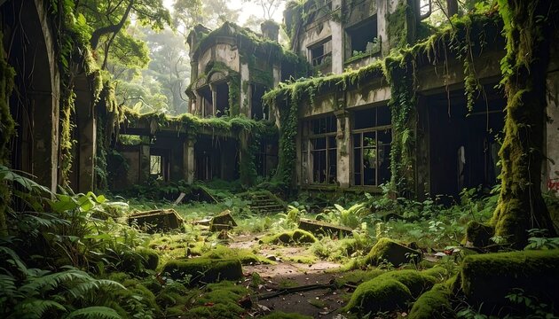 Overgrown, decaying mansion shrouded in green foliage, hinting at nature's reclamation after abandonment