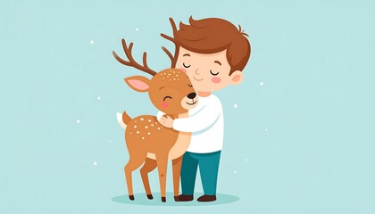 Boy lovingly hugs a deer against a pale blue backdrop with gentle snow speckles falling around them
