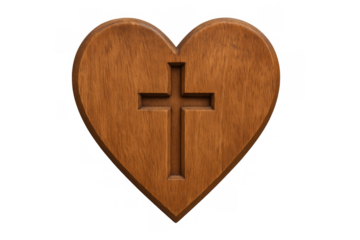 Wooden heart carving featuring a christian cross symbol, representing love, faith, and spiritual devotion, transparent background