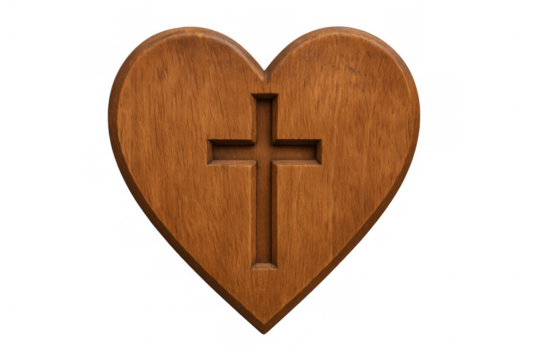 Wooden heart carving featuring a christian cross symbol, representing love, faith, and spiritual devotion, transparent background