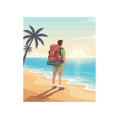 A lone traveler with a large backpack stands on a sandy tropical beach, gazing at the serene ocean during a beautiful sunset.