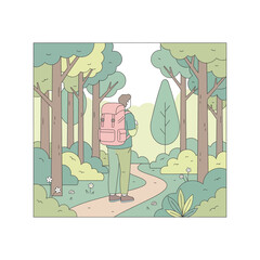A person with a pink backpack walks on a winding path through a serene forest with green trees and bushes.