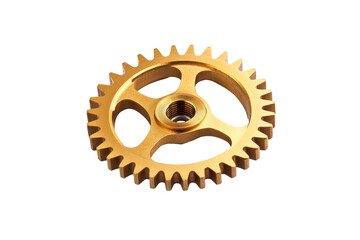 Golden mechanical gear isolated on transparent background. Gold gear with holes isolated on white background.