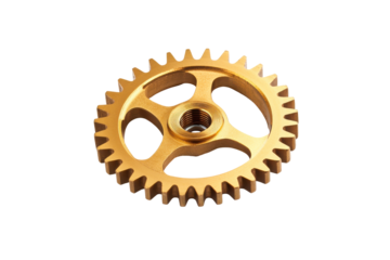 Golden mechanical gear isolated on transparent background. Gold gear with holes isolated on white background.