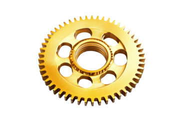 Golden mechanical gear isolated on transparent background. Gold gear with holes isolated on white background.