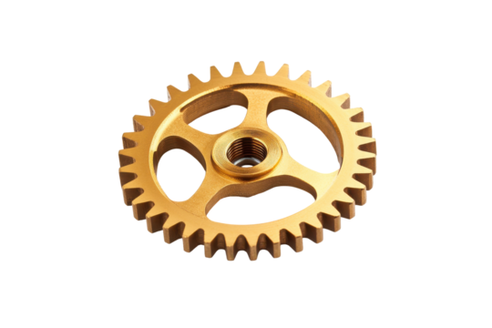 Golden mechanical gear isolated on transparent background. Gold gear with holes isolated on white background.