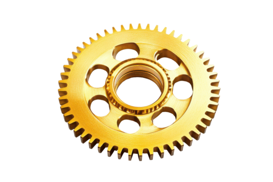 Golden mechanical gear isolated on transparent background. Gold gear with holes isolated on white background.