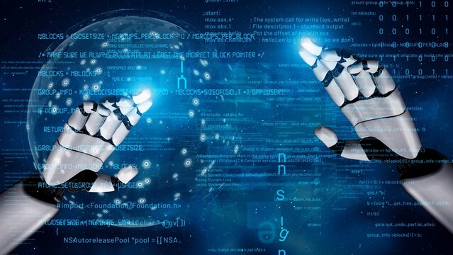This artistic representation showcases robotic hands interacting with streams of digital data and code, symbolizing the fusion of technology and human intelligence in a cybernetic future. Xenic