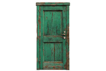 Old green wooden door with peeling paint isolated on transparent background. Green door with rust isolated on white background.