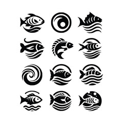 Collection of Abstract Fish Icons with Waves in Black and White