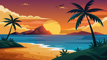 Vibrant tropical beach sunset with palm trees and ocean waves