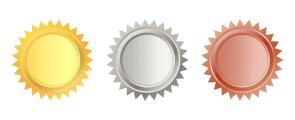 Gold, silver, and bronze award medals. Vector illustration of tokens for certificate design, quality mark, and guarantee.
