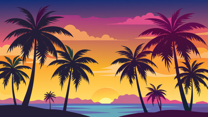 Fototapeta premium Vibrant tropical sunset with silhouette palm trees over the ocean