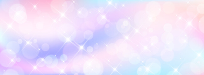 Plakat Sparkling magic unicorn background with shimmering sparkles. Vector realistic illustration of pastel pink and blue color gradient, abstract heavenly clouds, fantasy backdrop for fairytale design