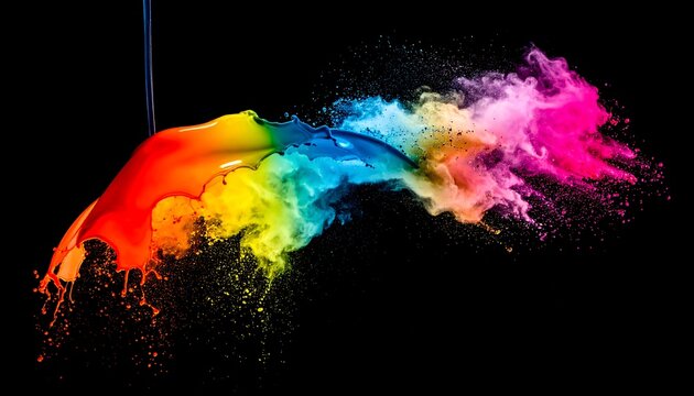 Rainbow hued liquids collide, forming abstract colorful explosion of pigments on black background