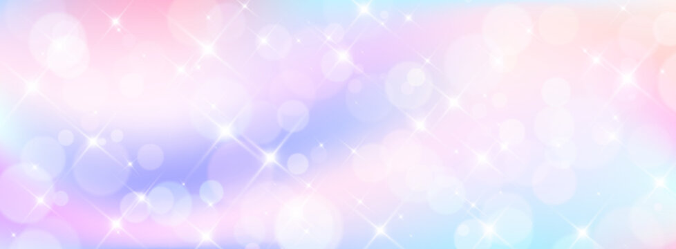 Sparkling magic unicorn background with shimmering sparkles. Vector realistic illustration of pastel pink and blue color gradient, abstract heavenly clouds, fantasy backdrop for fairytale design