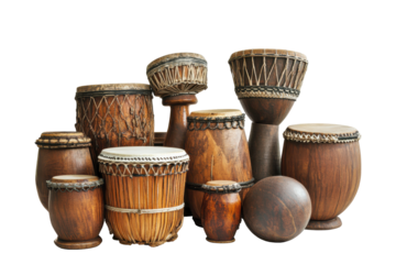 Collection of african djembe drums isolated on transparent background. Group of wooden drums isolated on white background.
