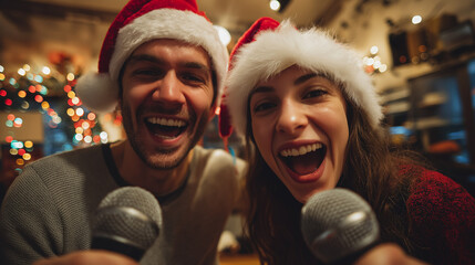 Fun couple singing Christmas carols with microphones, wearing silly Santa hats, decorated home studio, festive lights, joyful expressions, mid-song capture, vibrant energy, candid moment