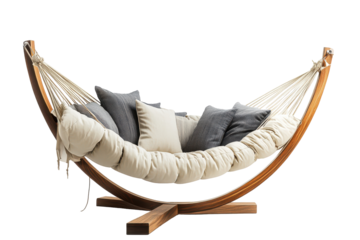 Comfortable hammock with cushions isolated on transparent background. Hammock with pillows on a stand isolated on white background.