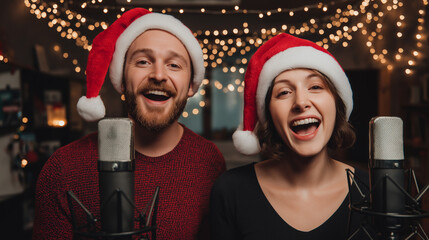 Fun couple singing Christmas carols with microphones, wearing silly Santa hats, decorated home studio, festive lights, joyful expressions, mid-song capture, vibrant energy, candid moment