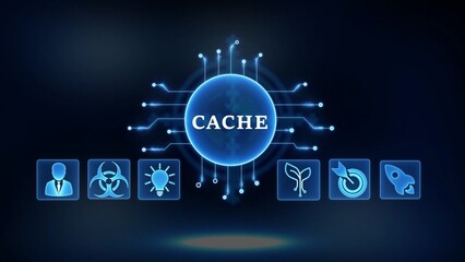 Digital concept of cache memory with interconnected icons and glowing central sphere technology data © DIGITAL_NEXUS