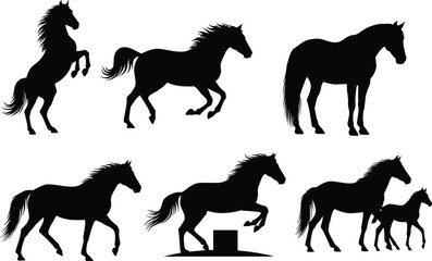 Black horse silhouettes collection, running, walking, jumping, and rearing stallion vector illustration, elegant wild equestrian animal design for logo, art, and decoration