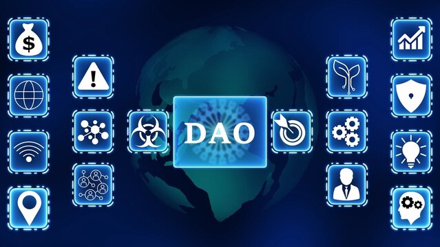 Digital DAO concept with global network and technology icons on a blue background decentralized autonomous