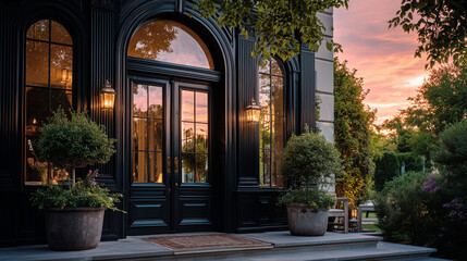 Elegant black door with arched windows and potted plants at dusk reflecting the colorful sky above