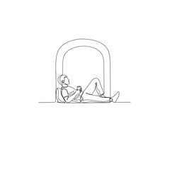 Man relaxing with drink by window in minimalist single-line drawing