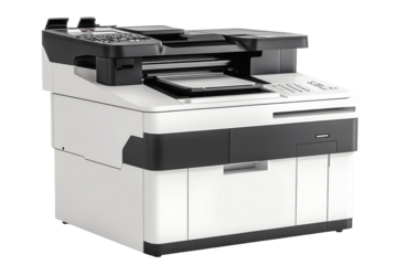 Modern multifunction printer isolated on transparent background. Large white and black printer isolated on white background.