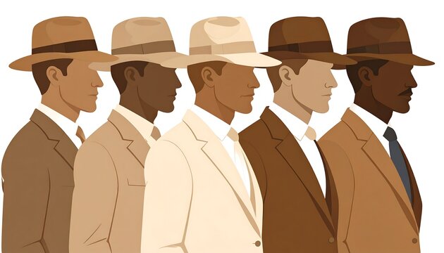 Row of stylized men in suits and fedoras, facing right, shown from the side, in various skin tones and suit colors