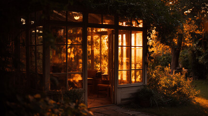 Obraz premium Illuminated greenhouse with open doors at twilight surrounded by lush greenery and warm light glow