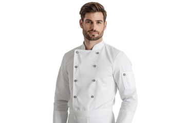 Chef in white uniform with arms crossed isolated on transparent background. Man in a chef's uniform isolated on white background.