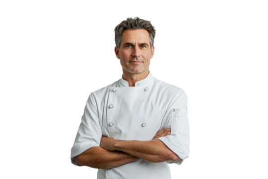 Chef in white uniform with arms crossed isolated on transparent background. Man in a chef's uniform isolated on white background.