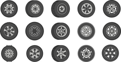 Car wheel collection, rim styles, tire designs, spoke patterns, automotive parts, alloy wheels, vehicle accessories, black rims, sport wheels, custom design