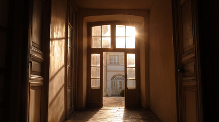 Fototapeta premium Sunlight streams through an open doorway illuminating a courtyard with a building in the background