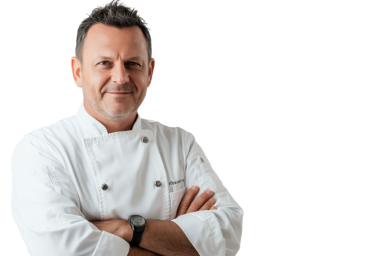 Chef in white uniform with arms crossed isolated on transparent background. Man in a chef's uniform isolated on white background.