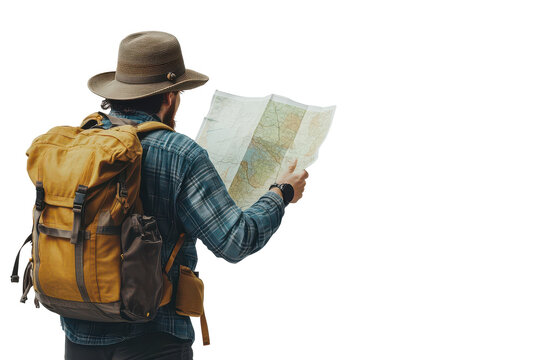 Man with backpack and map isolated on transparent background. Man in a hat and a backpack reading a map isolated on white background.
